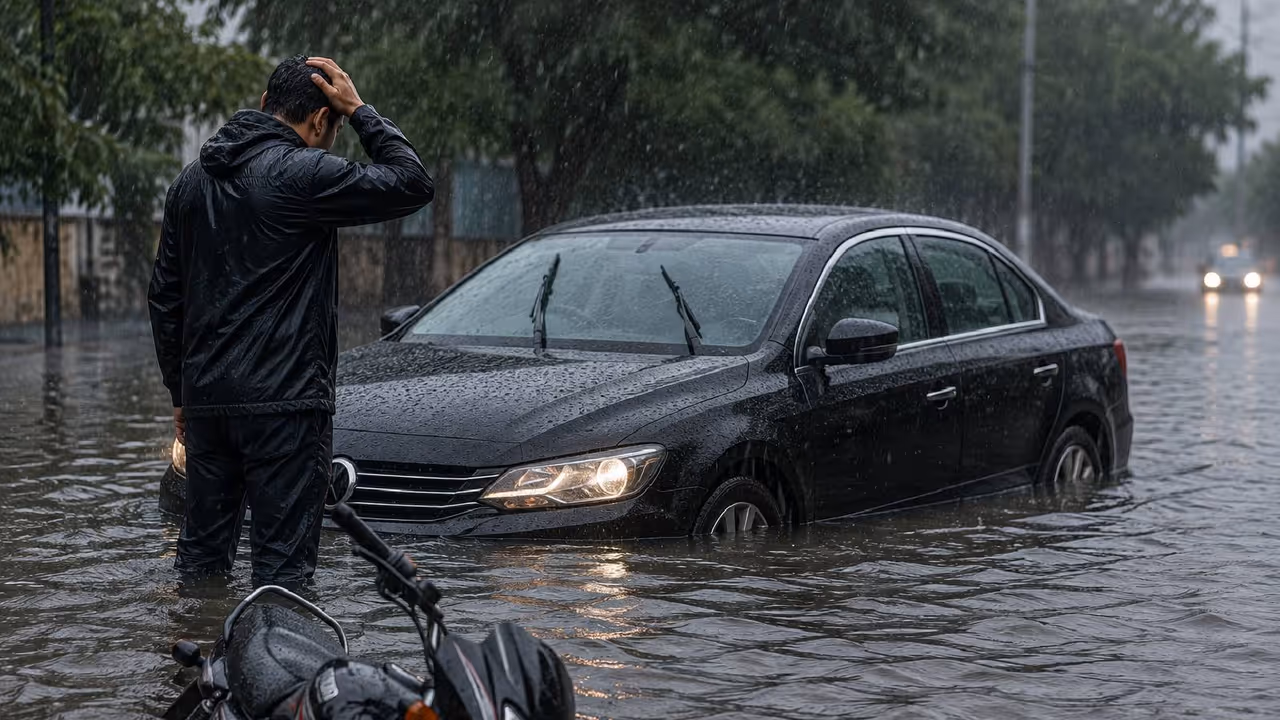 Car stops in rain water Car stops in rain water