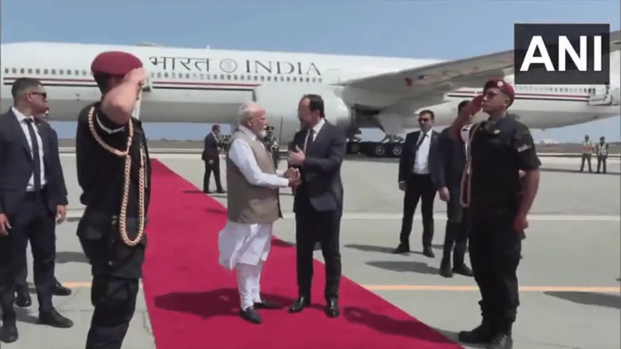 PM Modi was received by President of Cyprus Nikos Christodoulides at Larnaca International Airport. (Photo/ ANI) PM Modi was received by President of Cyprus Nikos Christodoulides at Larnaca International Airport. (Photo/ ANI)