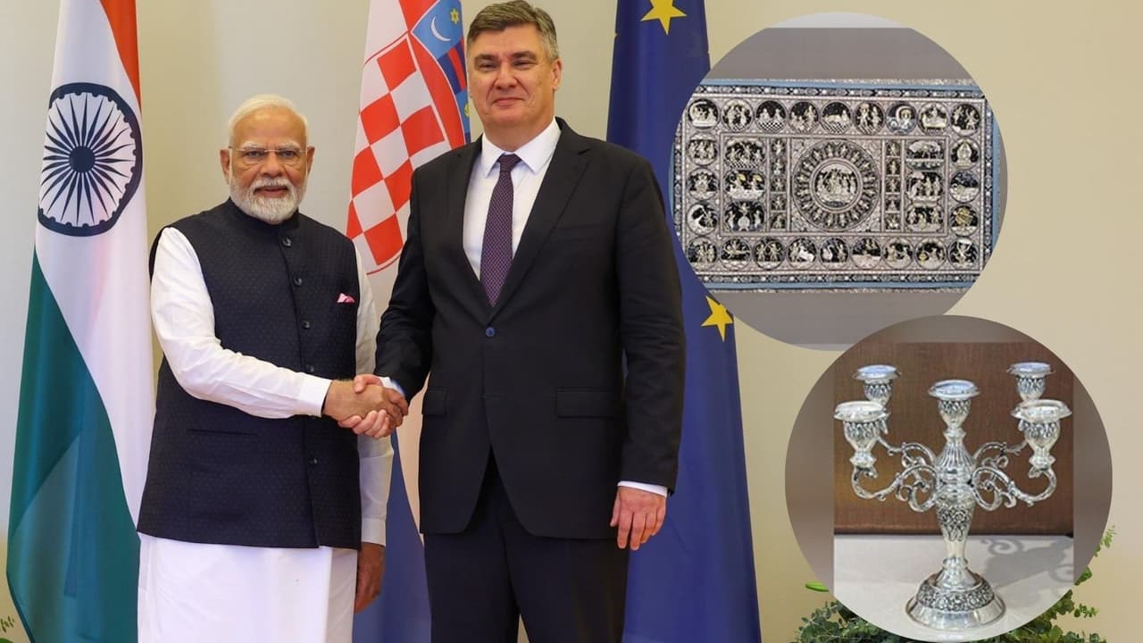 PM Narendra Modi gifts pattachitra painting to Croatia's President Zoran Milanovic, silver candle stand to PM Andrej Plenkovic PM Narendra Modi gifts pattachitra painting to Croatia's President Zoran Milanovic, silver candle stand to PM Andrej Plenkovic