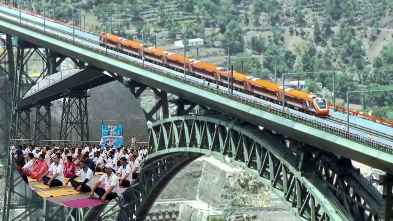 Yoga session at the Chenab Rail Bridge (Photo/ANI) Yoga session at the Chenab Rail Bridge (Photo/ANI)