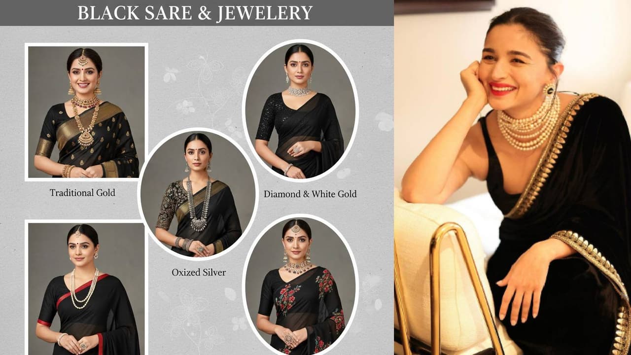 black saree with jewellery black saree with jewellery