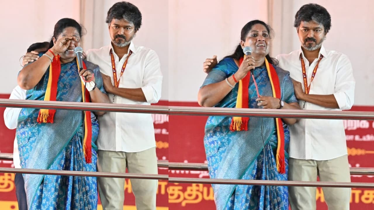 TVK Candidate P Sathyabama Breaks Down During Dharapuram Rally CM Vijay Offers Support TVK Candidate P Sathyabama Breaks Down During Dharapuram Rally CM Vijay Offers Support