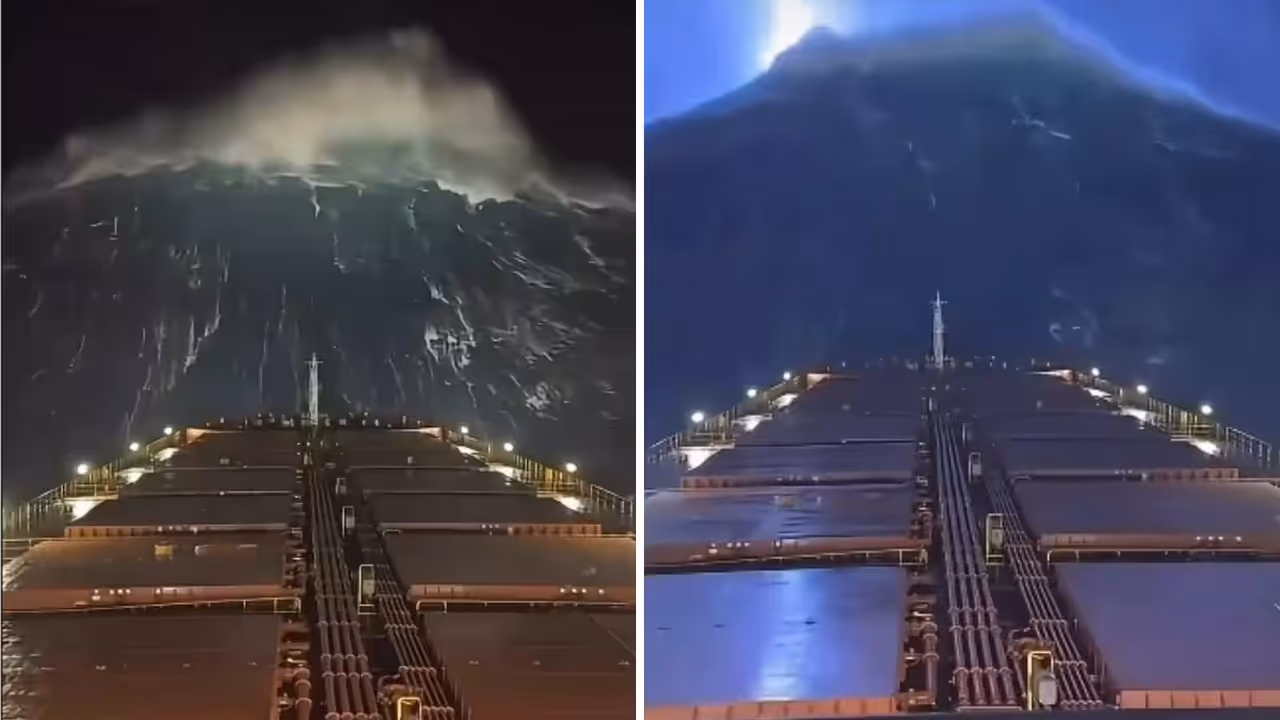 Cargo Ship Battles Towering Waves In Storm, Terrifying Video Captures Ocean's Raw Fury At Night Cargo Ship Battles Towering Waves In Storm, Terrifying Video Captures Ocean's Raw Fury At Night