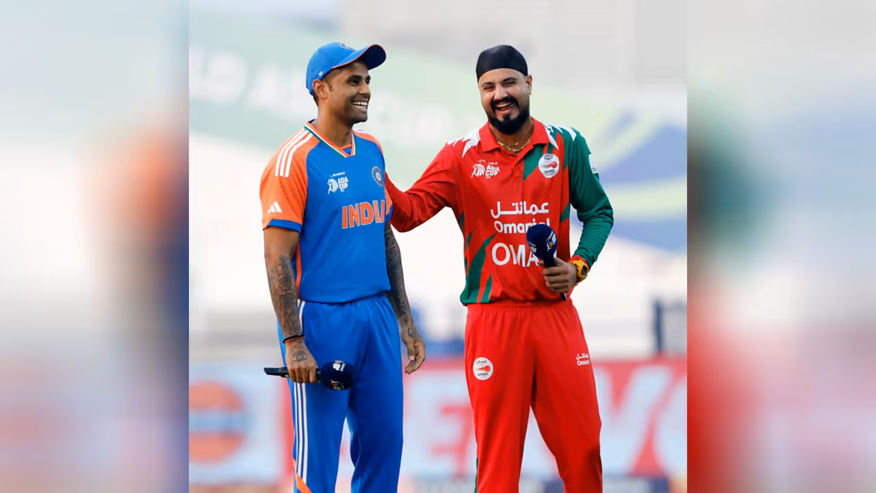 India T20 skipper Suryakumar Yadav and Oman's Jatinder Singh India T20 skipper Suryakumar Yadav and Oman's Jatinder Singh