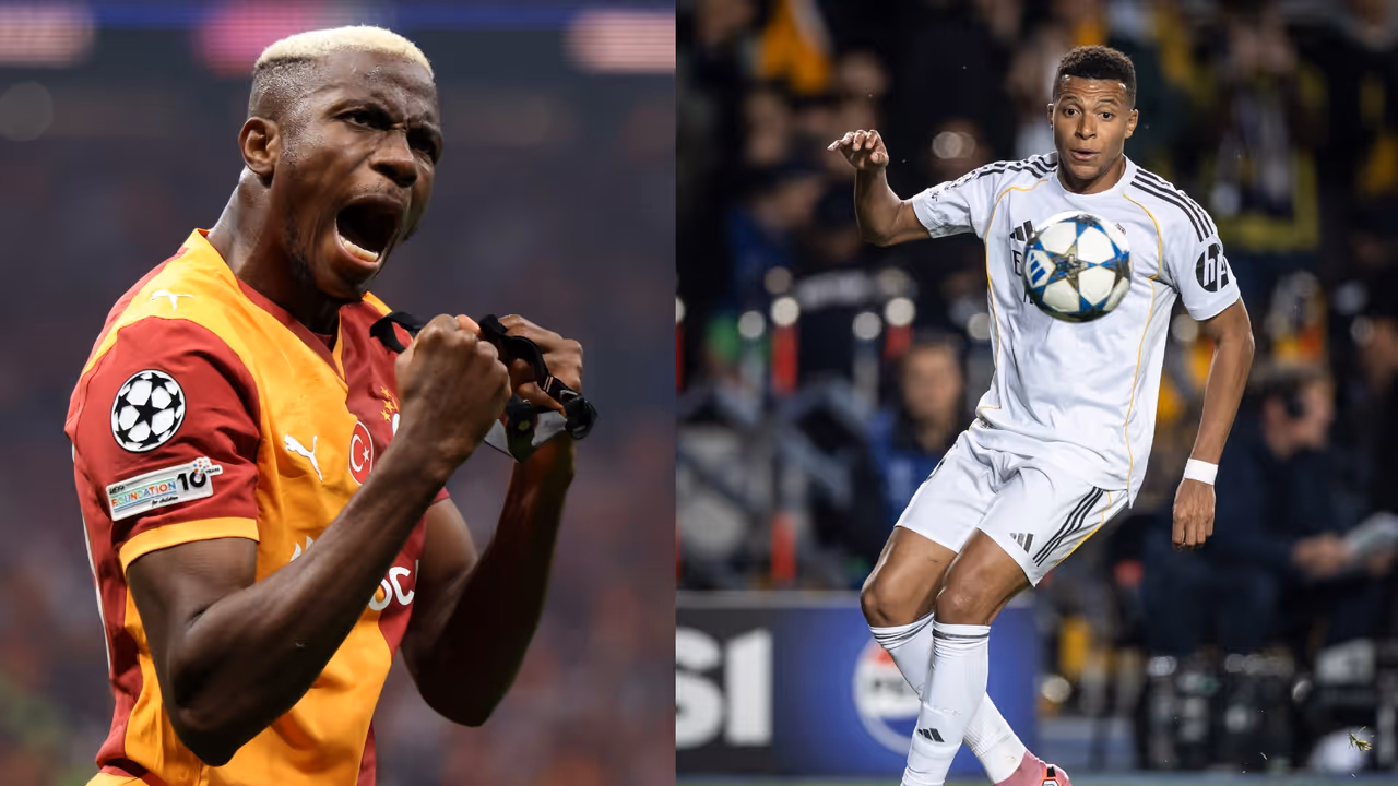 Galatasaray's Osimhen and Real Madrid's Mbappe during Champions League action