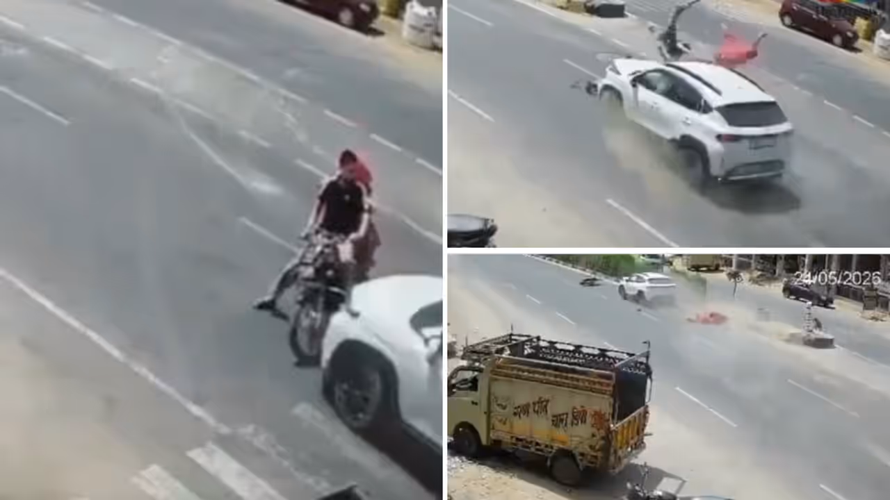 Jaipur Crash Video Couple Critical After Overspeeding Car Rams Motorcycle in Jaipur Driver Absconding Jaipur Crash Video Couple Critical After Overspeeding Car Rams Motorcycle in Jaipur Driver Absconding