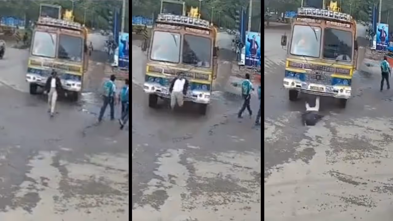 Karnataka road accident caught on camera pedestrian survives after truck hits from behind in Tumkur Karnataka road accident caught on camera pedestrian survives after truck hits from behind in Tumkur