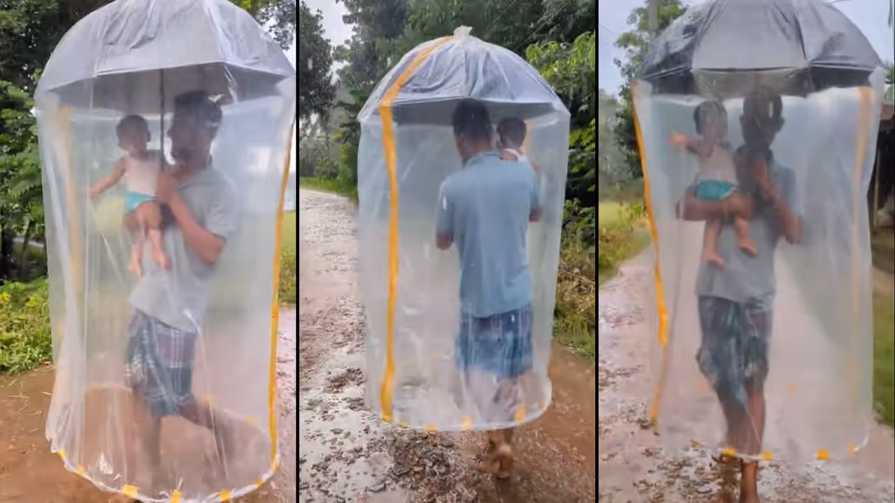 Monsoon viral video Father s Unusual Umbrella Hack To Protect Child From Rain Wins Hearts Online Monsoon viral video Father s Unusual Umbrella Hack To Protect Child From Rain Wins Hearts Online