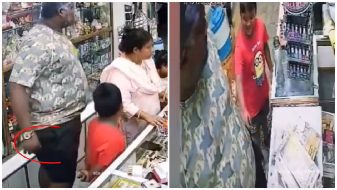 Man Steals From Jodhpur Shop, Child Copies Him, Puts Items In His Pocket Man Steals From Jodhpur Shop, Child Copies Him, Puts Items In His Pocket