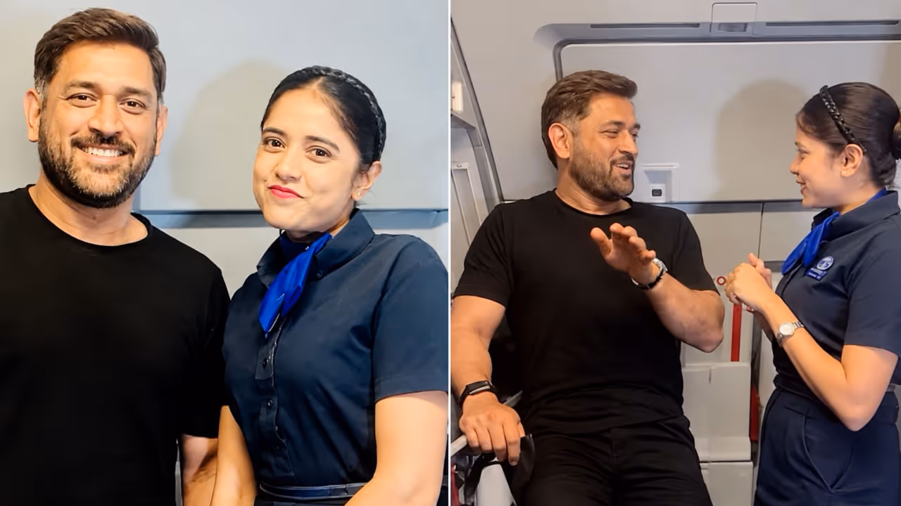 indigo air hostess aishwarya singh ms dhoni flight meeting viral video indigo air hostess aishwarya singh ms dhoni flight meeting viral video