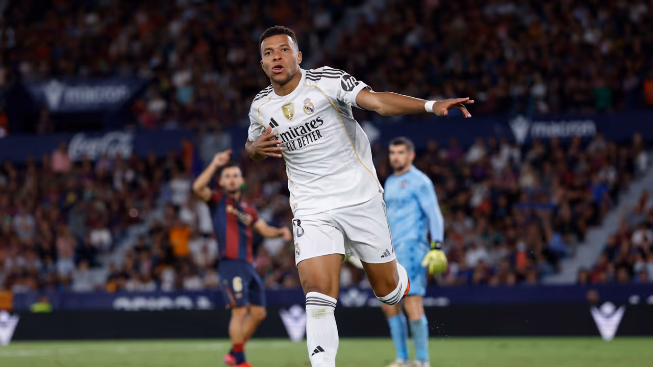 Real Madrid's Kylian Mbappe celebrates goal vs Levante