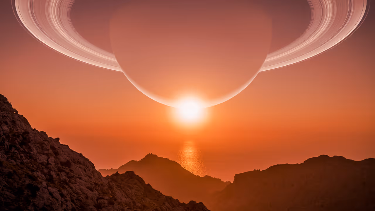 Saturn from the moon Titan, alien landscape with methane ocean Saturn from the moon Titan, alien landscape with methane ocean