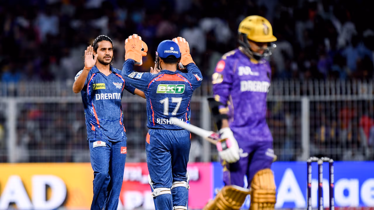 Lucknow Super Giants' Digvesh Rathi and captain Rishabh Pant celebrate the dimsissal of Kolkata Knight Riders' Sunil Narine Lucknow Super Giants' Digvesh Rathi and captain Rishabh Pant celebrate the dimsissal of Kolkata Knight Riders' Sunil Narine