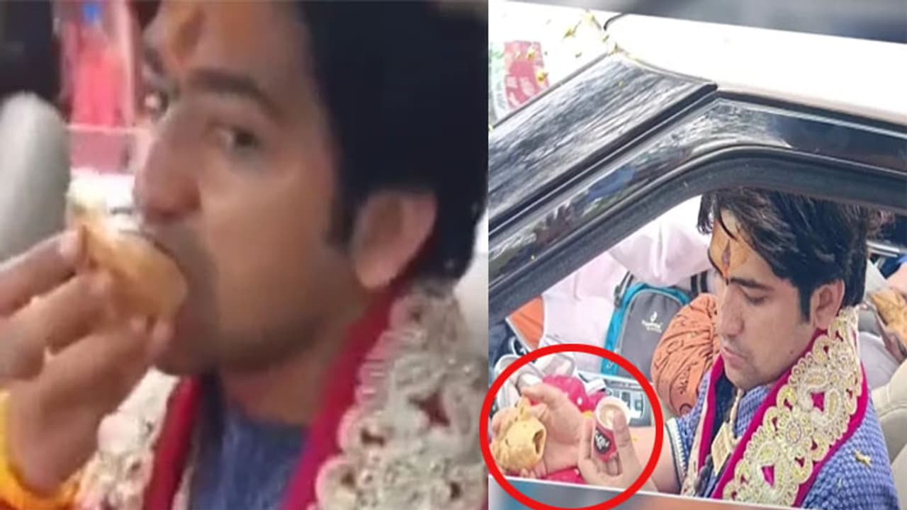 pandit dhirendra shastri eating onion garlic wala samosa IN Rajgarh