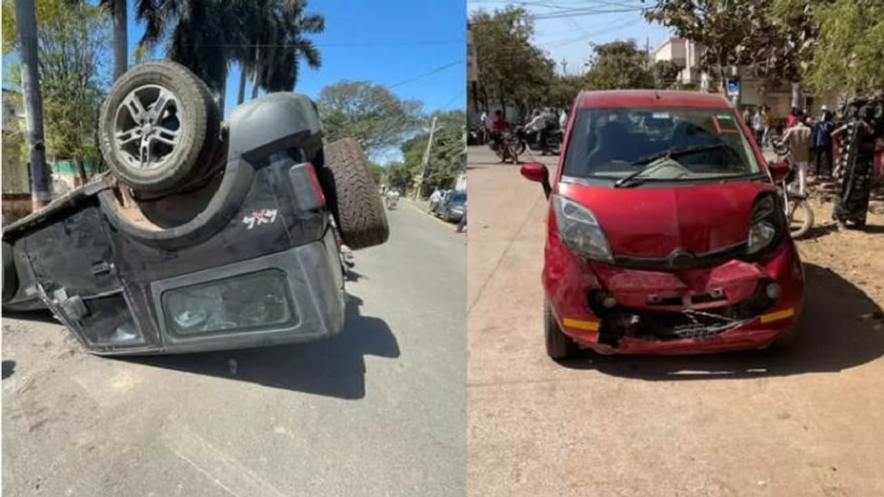 Thar overturned after collision with tata Nano goes viral Thar overturned after collision with tata Nano goes viral