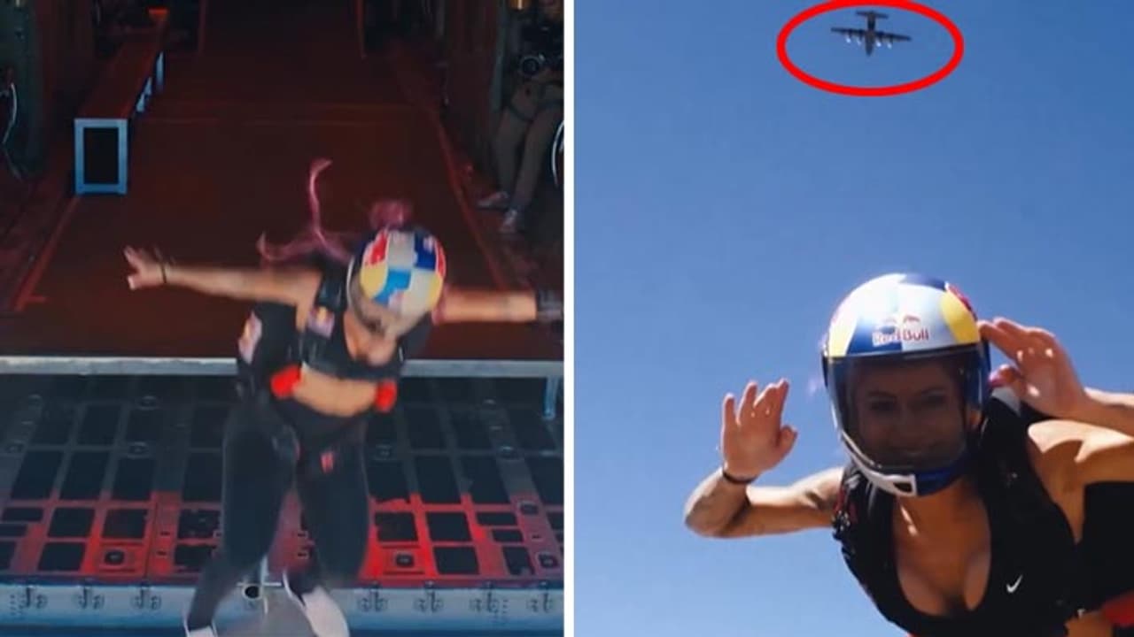 skateboarder jumps out of plane skateboarder jumps out of plane