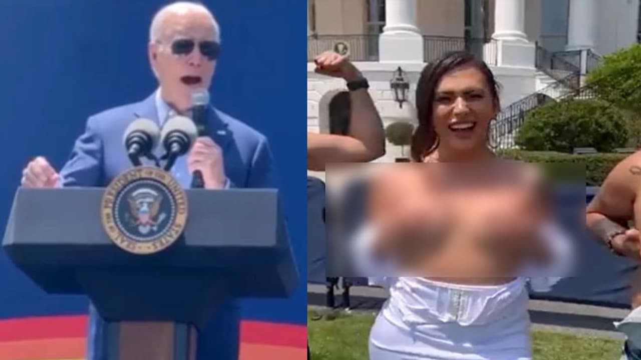 TRANSGENDER GOES TOPLESS INFRONT OF BIDEN TRANSGENDER GOES TOPLESS INFRONT OF BIDEN