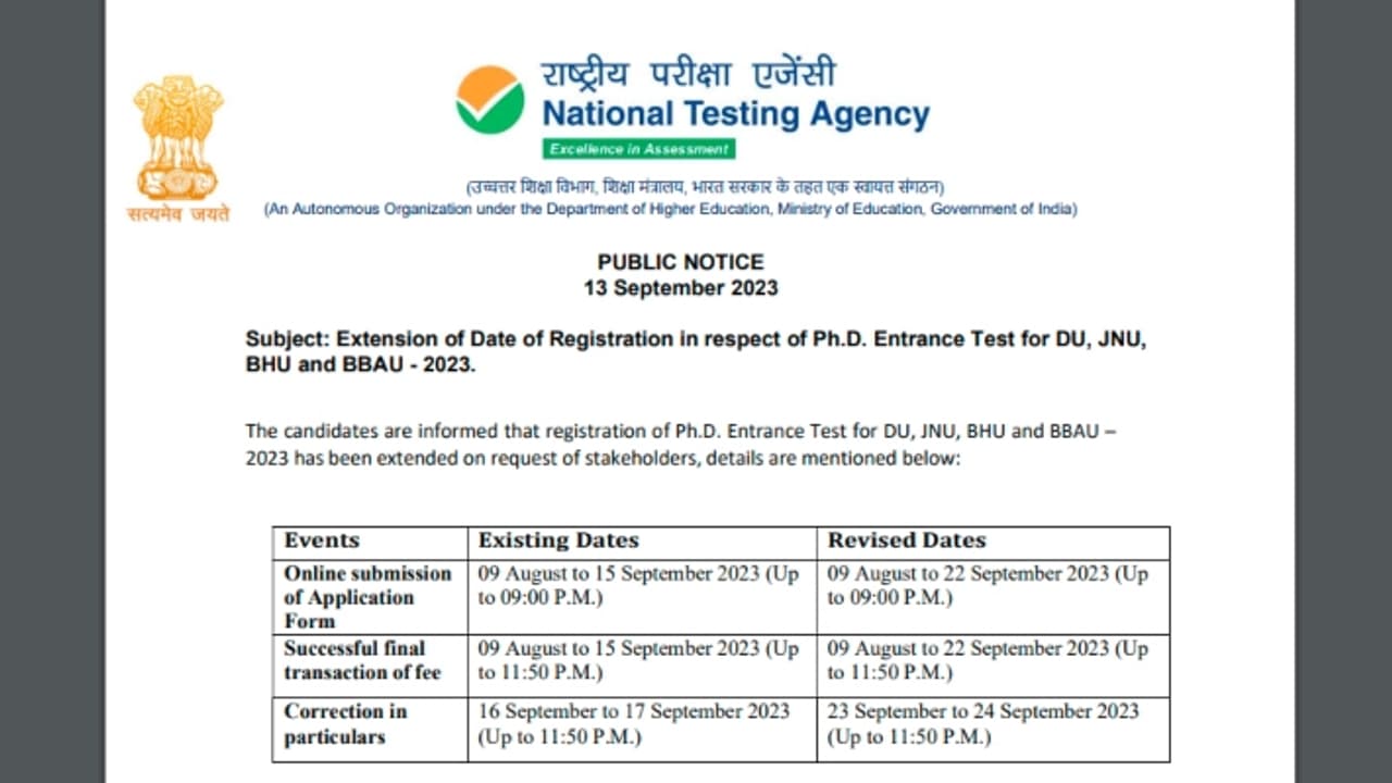DU JNU BHU BBAU PhD entrance test 2023 Registration date extended DU JNU BHU BBAU PhD entrance test 2023 Registration date extended