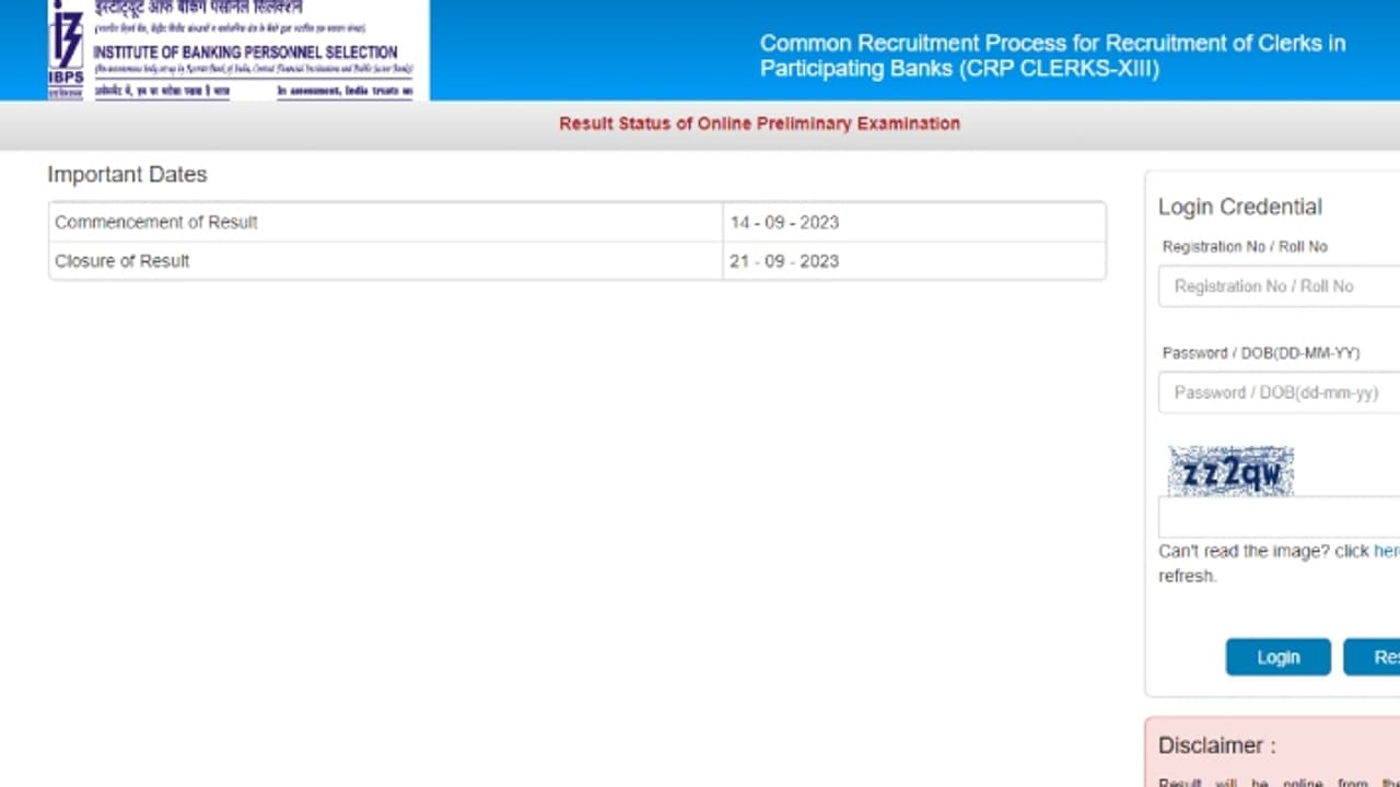 IBPS Clerk Prelims Results 2023 released