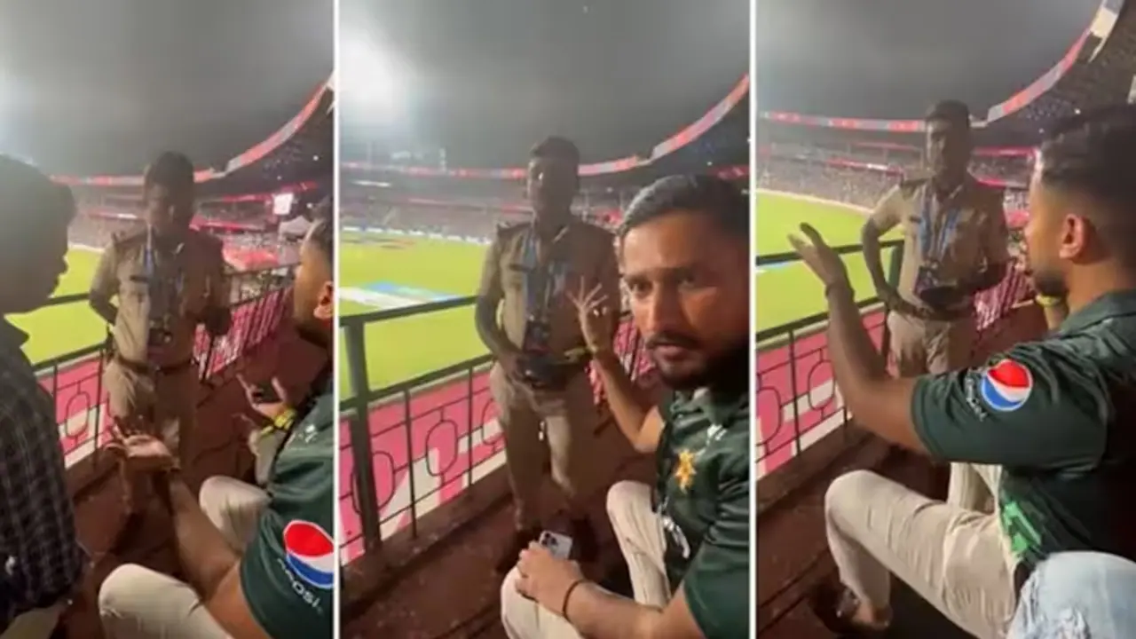 pakistani fan stopped from chanting pakistan zindabad during AUS vs PAK WC 2023 match pakistani fan stopped from chanting pakistan zindabad during AUS vs PAK WC 2023 match