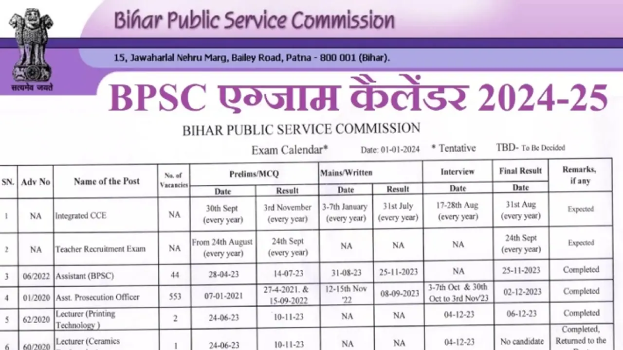 BPSC exam calendar 2024 released BPSC exam calendar 2024 released
