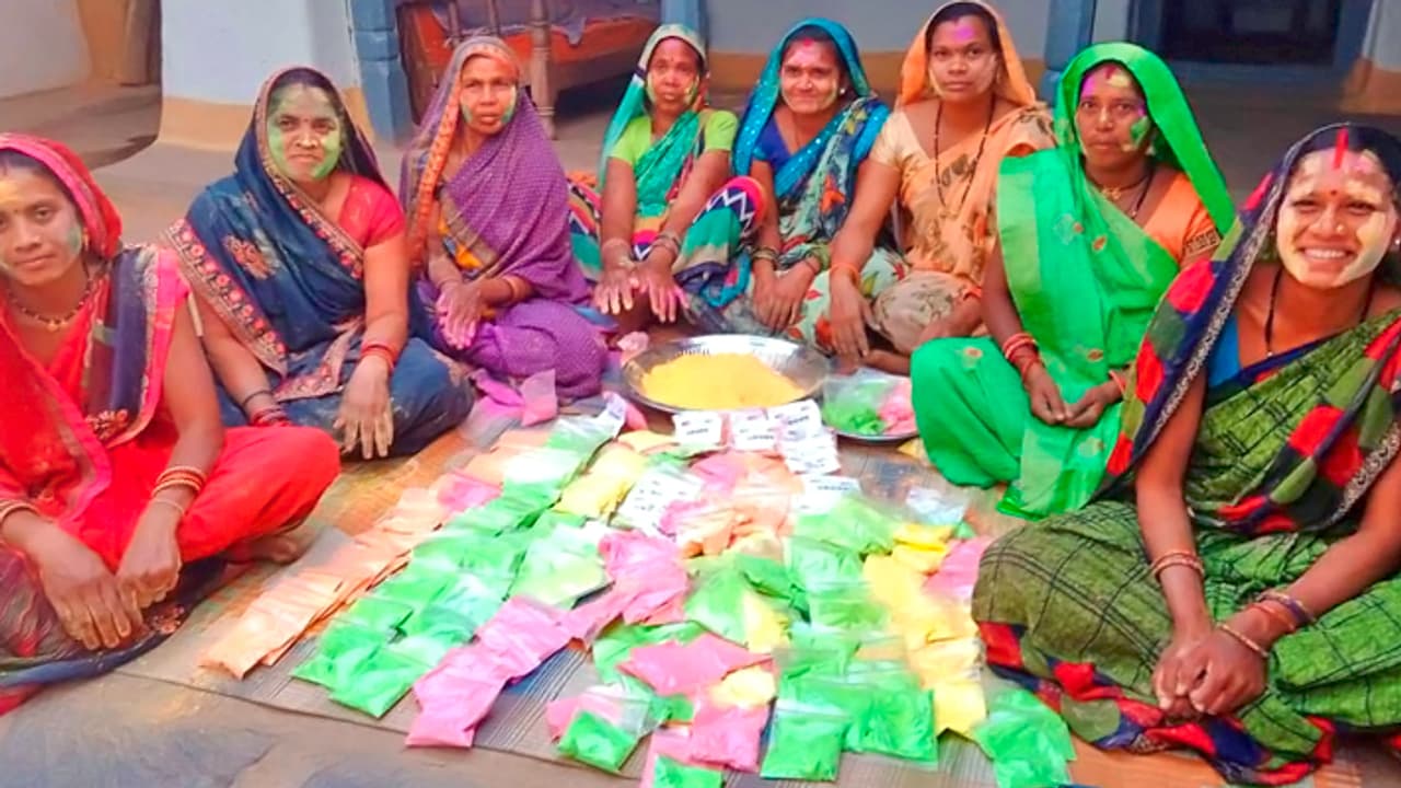 Mahasamund self help group women making herbal gulal Mahasamund self help group women making herbal gulal