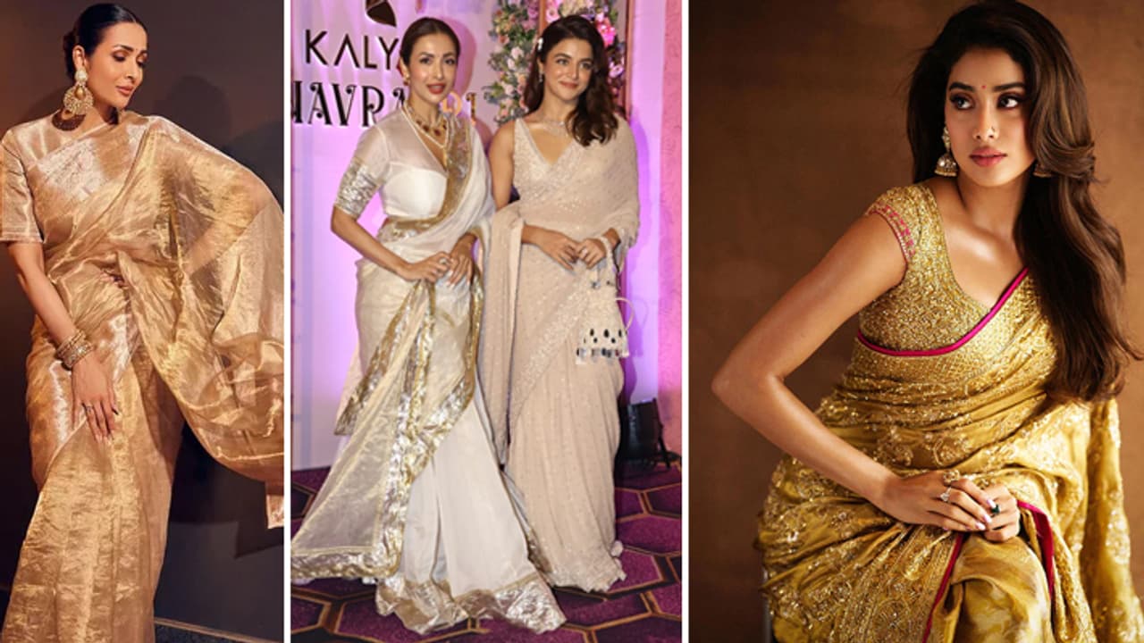 Navratri 2024 Gold Saree designs like Malaika Arora And Wamiqa Gabbi celebs Navratri 2024 Gold Saree designs like Malaika Arora And Wamiqa Gabbi celebs