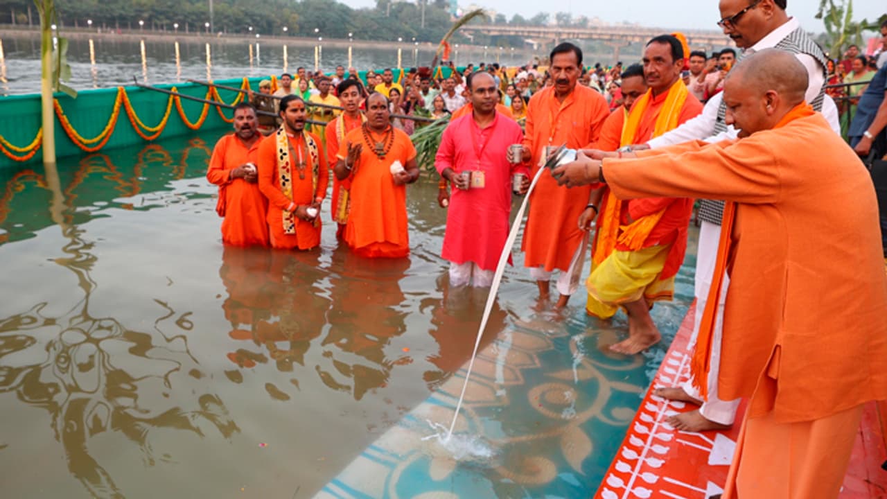 Yogi Adityanath at Lakshman Mela Ground Lucknow for chhath puja 2024 Yogi Adityanath at Lakshman Mela Ground Lucknow for chhath puja 2024
