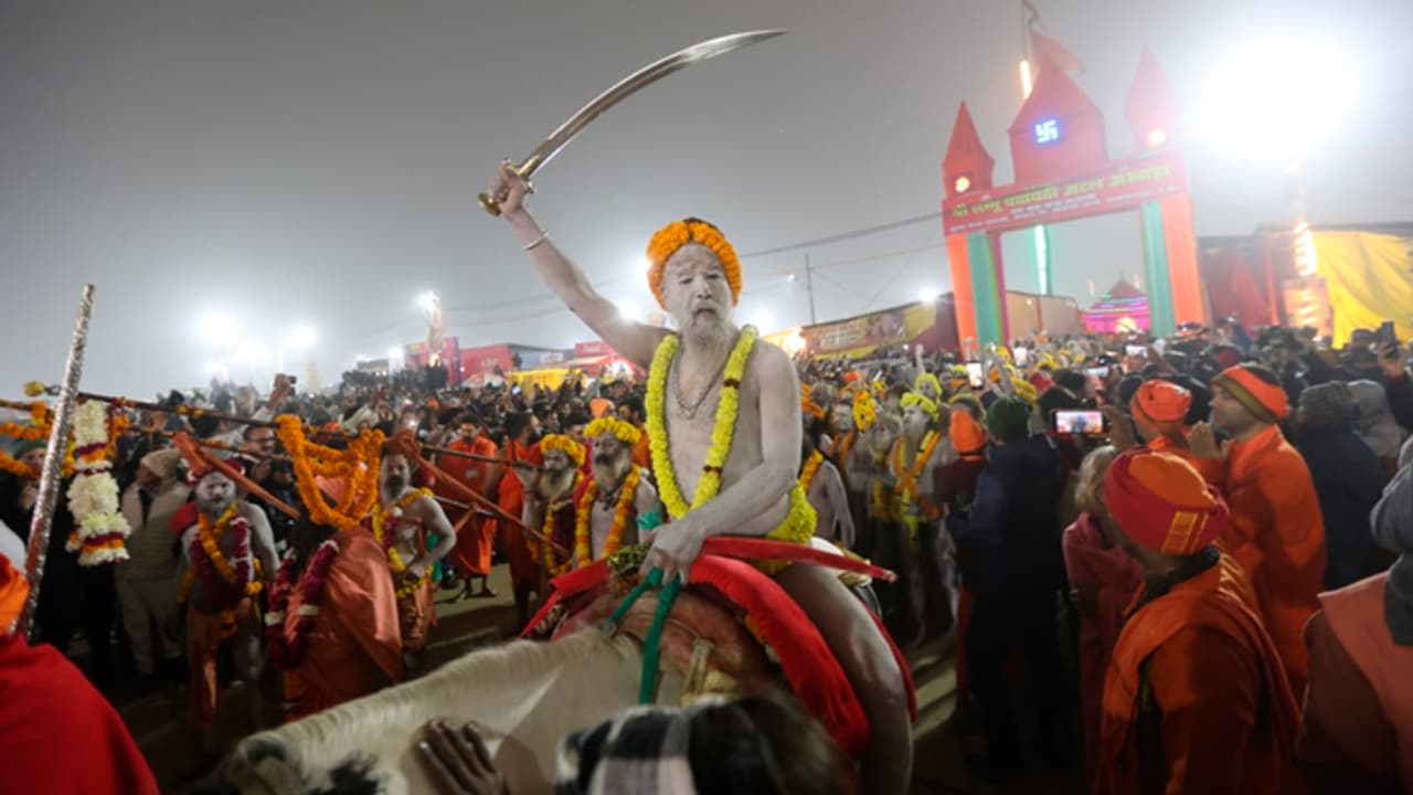 Naga sadhus centre of attraction at Triveni Sangam on Makar Sankranti Amrit Snan at Prayagraj Mahakumbh 2025 Naga sadhus centre of attraction at Triveni Sangam on Makar Sankranti Amrit Snan at Prayagraj Mahakumbh 2025