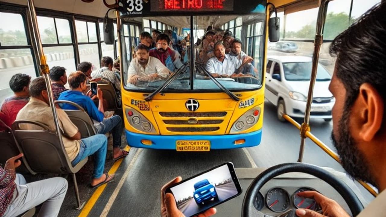 The driver driving the bus was looking at his mobile The driver driving the bus was looking at his mobile