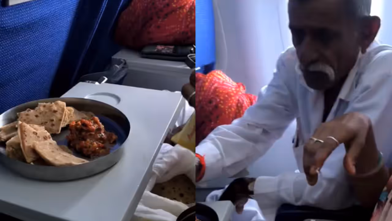 Elderly Couple Eats Paratha, Pickle and Curd on Flight Elderly Couple Eats Paratha, Pickle and Curd on Flight