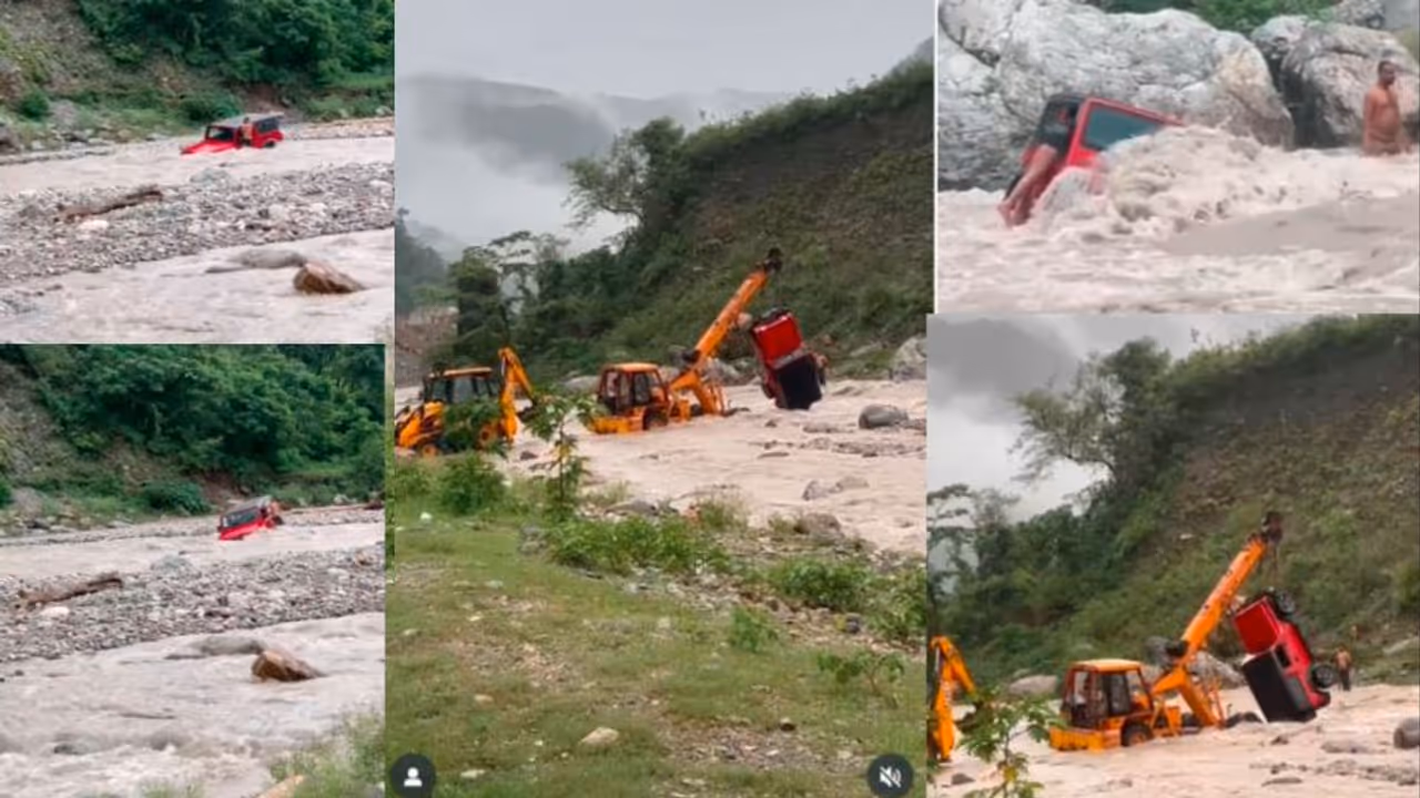 Mahindra Thar swept away by raging river
