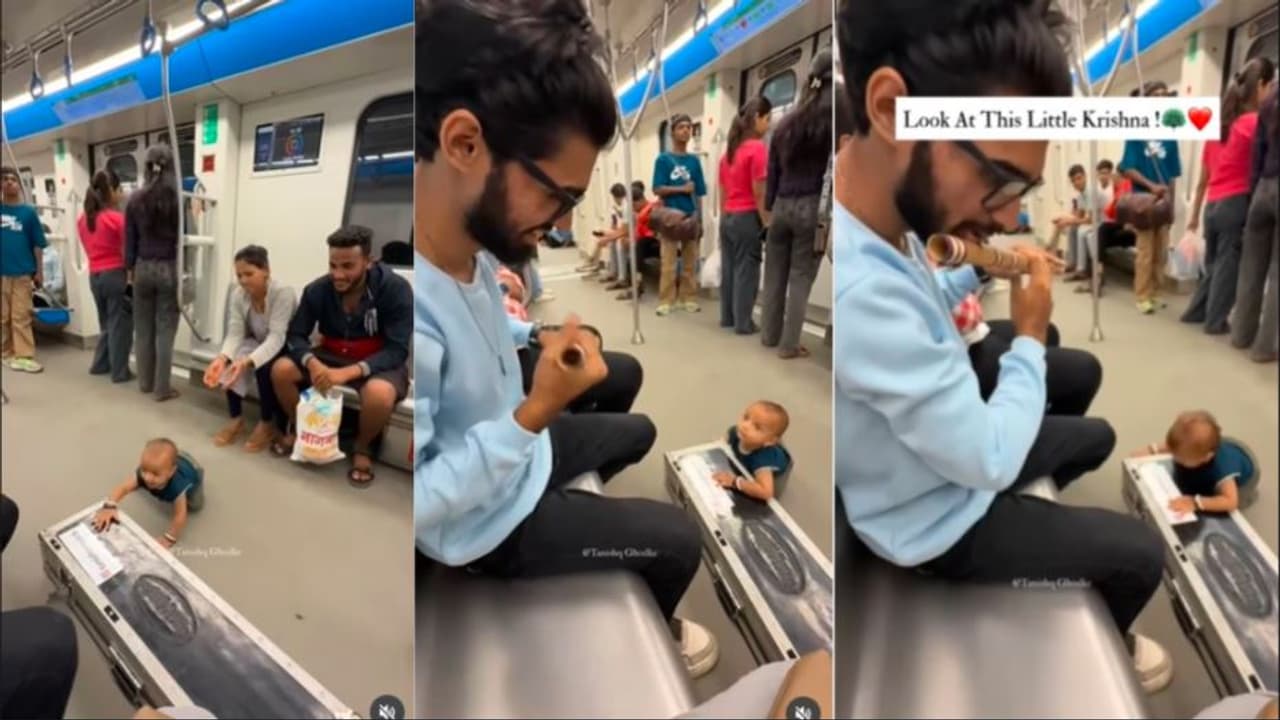 Toddler Mesmerized by Flute Player in Delhi Metro
