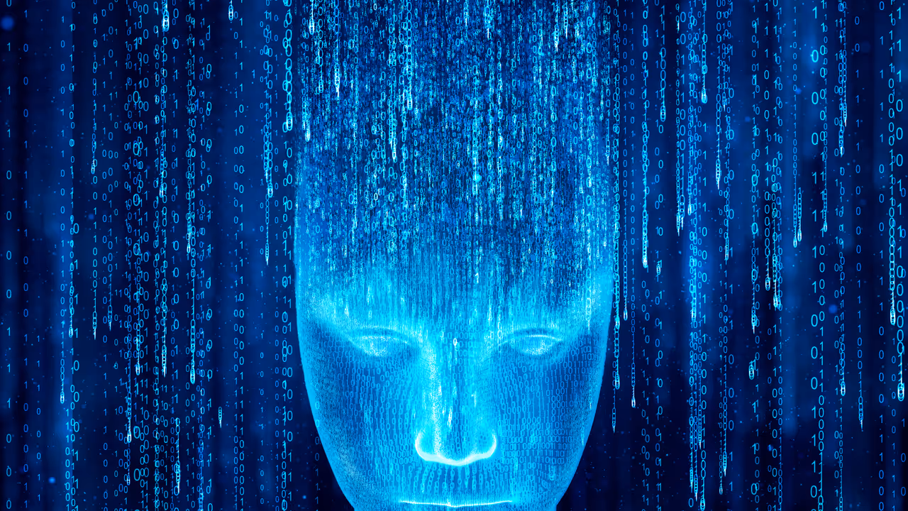Hologram of the artificial intelligence robot showing up from binary code. Hologram of the artificial intelligence robot showing up from binary code.