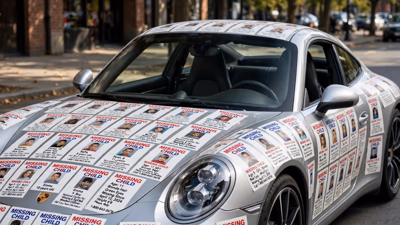 Missing Children Photos Plastered on Porsche Meta AI image Missing Children Photos Plastered on Porsche Meta AI image