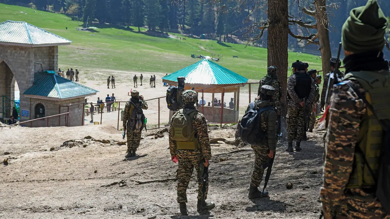 Security personnel carry out a search operation at Baisaran following the Pahalgam terrorist attack Security personnel carry out a search operation at Baisaran following the Pahalgam terrorist attack
