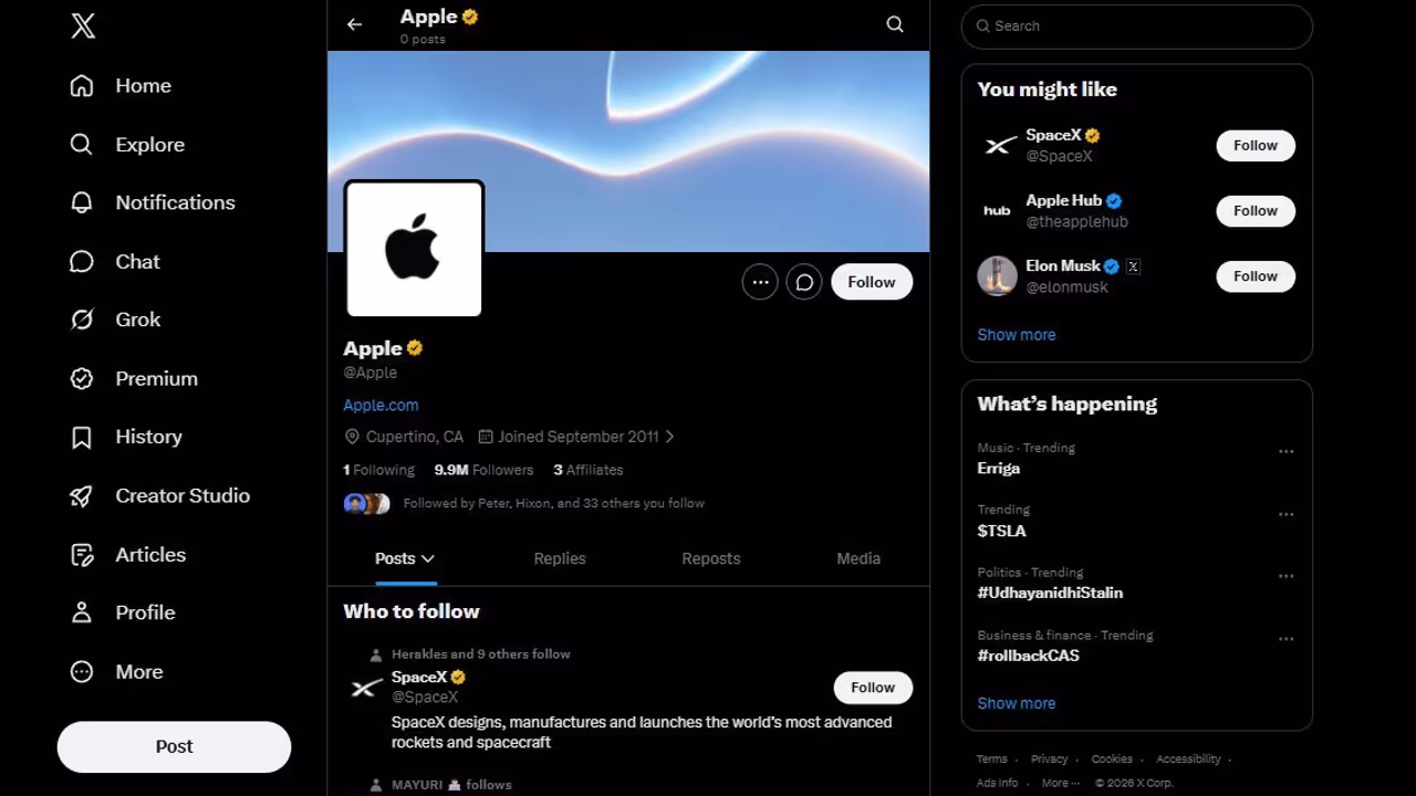 Apple has never posted a single tweet on X Apple has never posted a single tweet on X