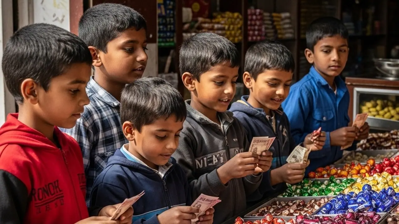 Five Indian boys buying chocolates in a shop