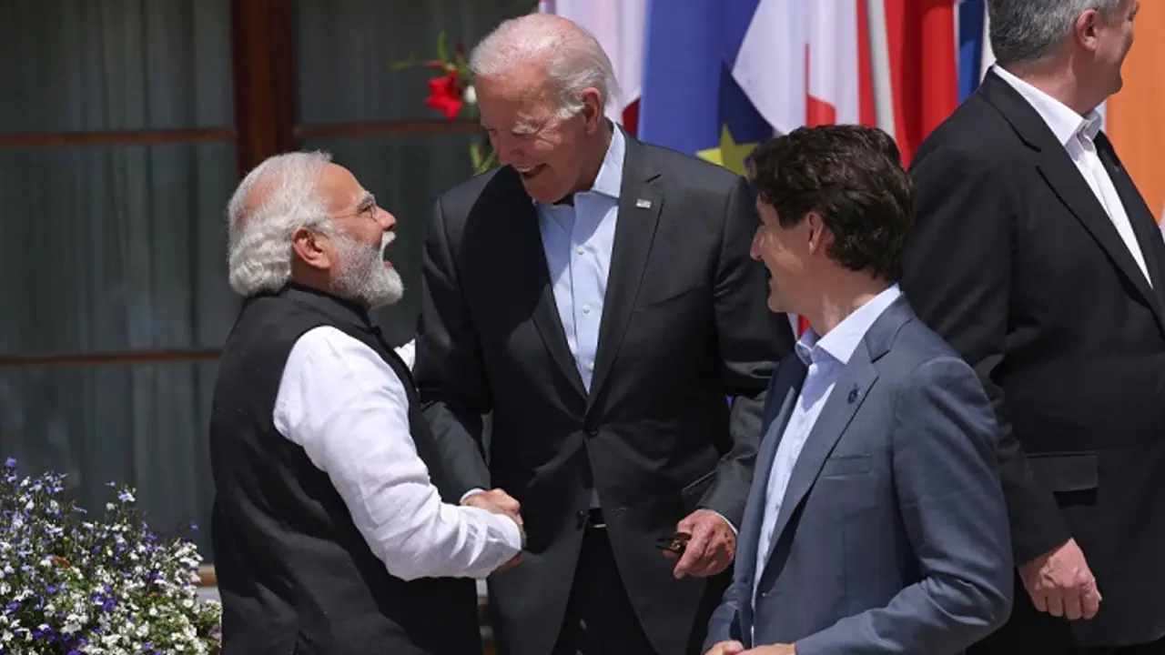 G7 Leaders Convene Joe Biden greets Narendra Modi G7 Leaders Convene Joe Biden greets Narendra Modi