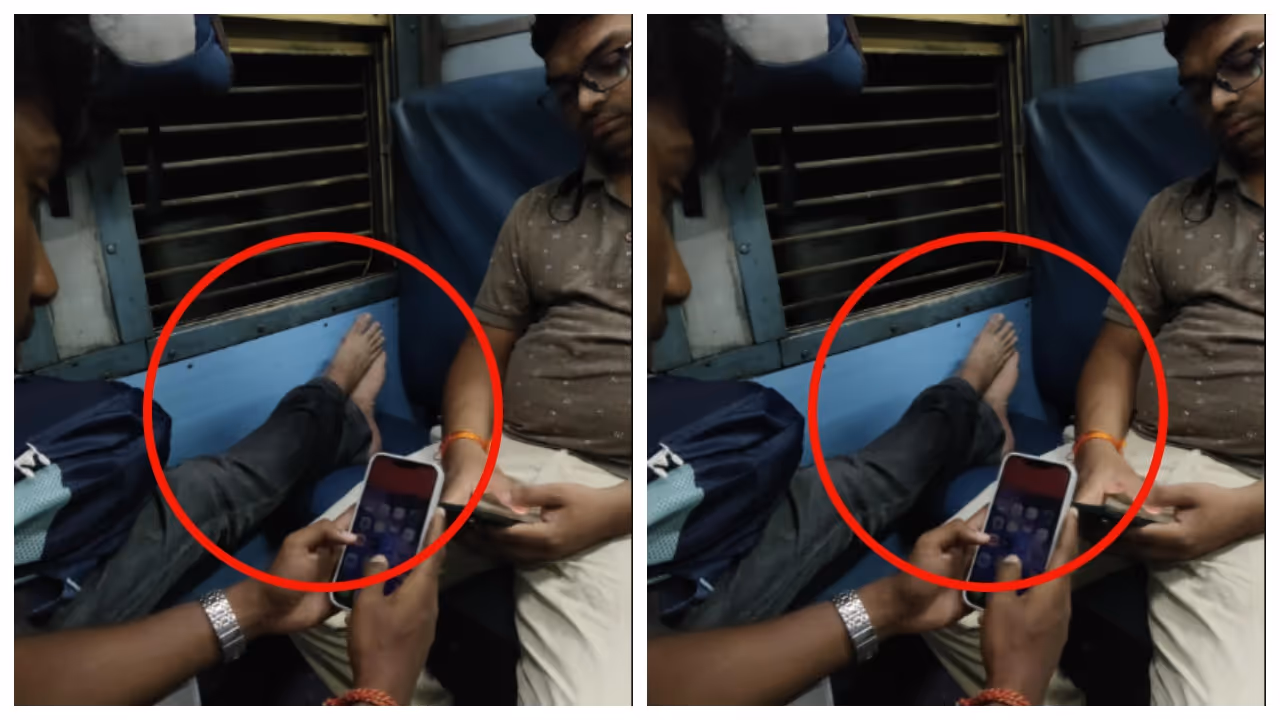 someone has put their feet on the train reserve seat 