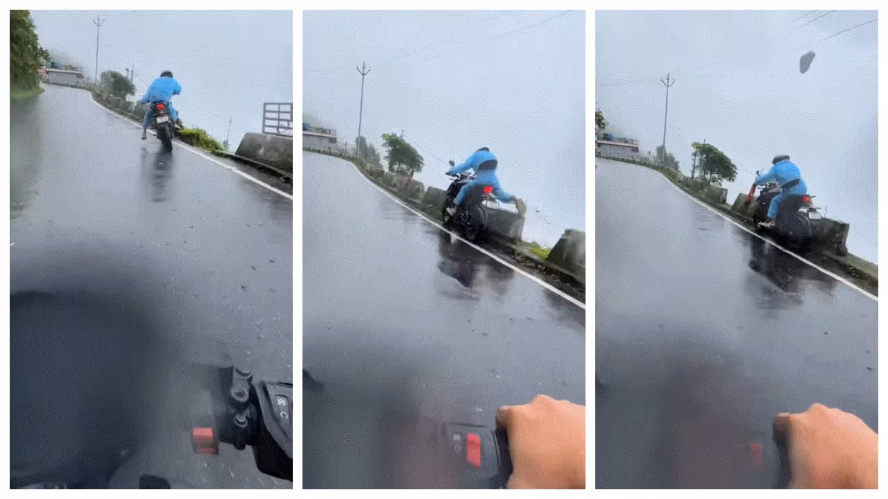 biker's daring escape on slippery road biker's daring escape on slippery road