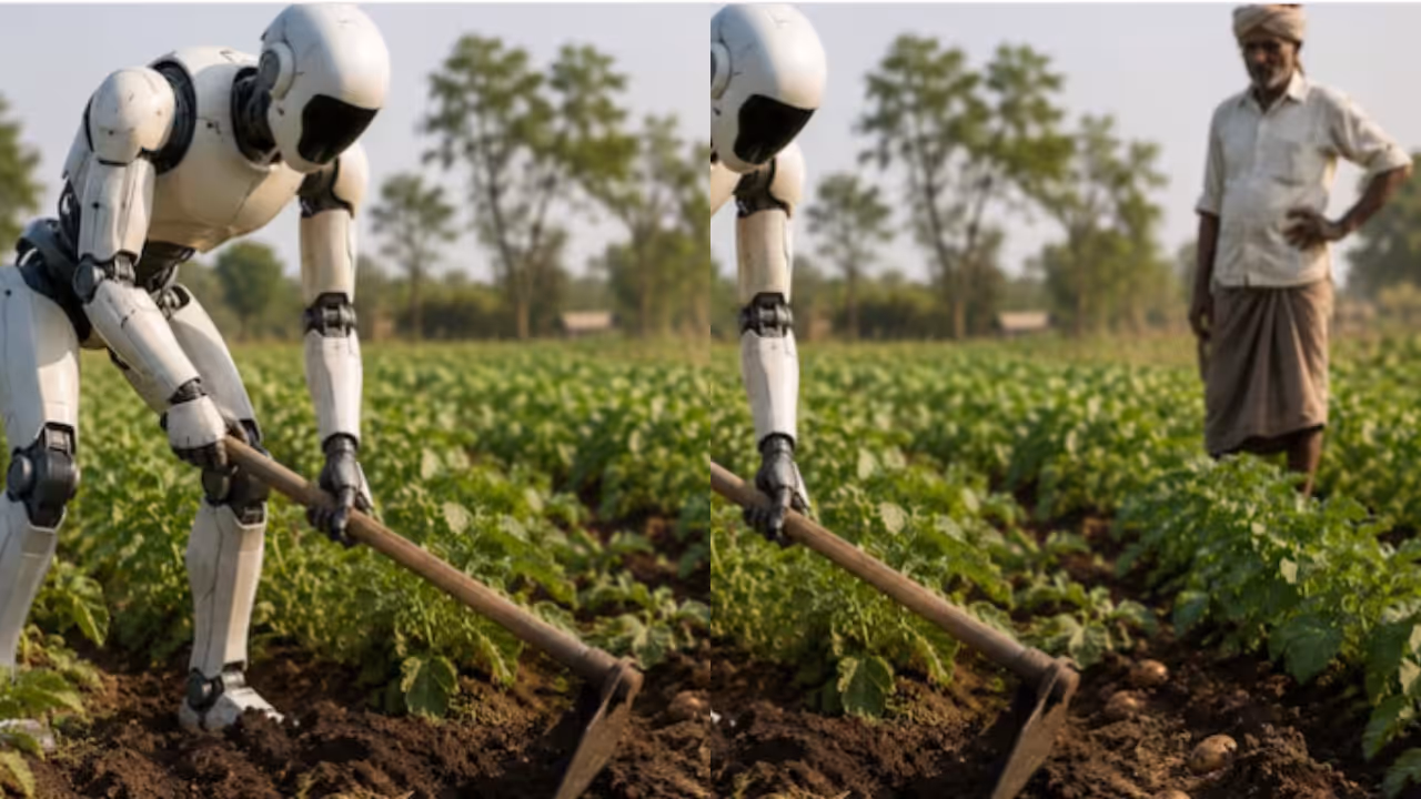 Humanoid robot working on a farm Humanoid robot working on a farm