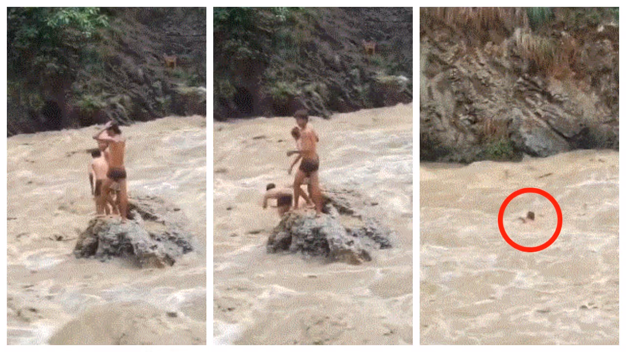 Students jump into a raging river Students jump into a raging river