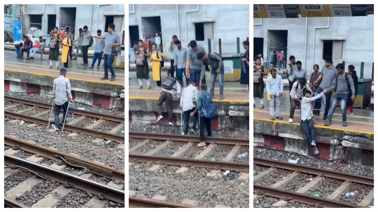 Disabled man walks on railway tracks using walker Disabled man walks on railway tracks using walker