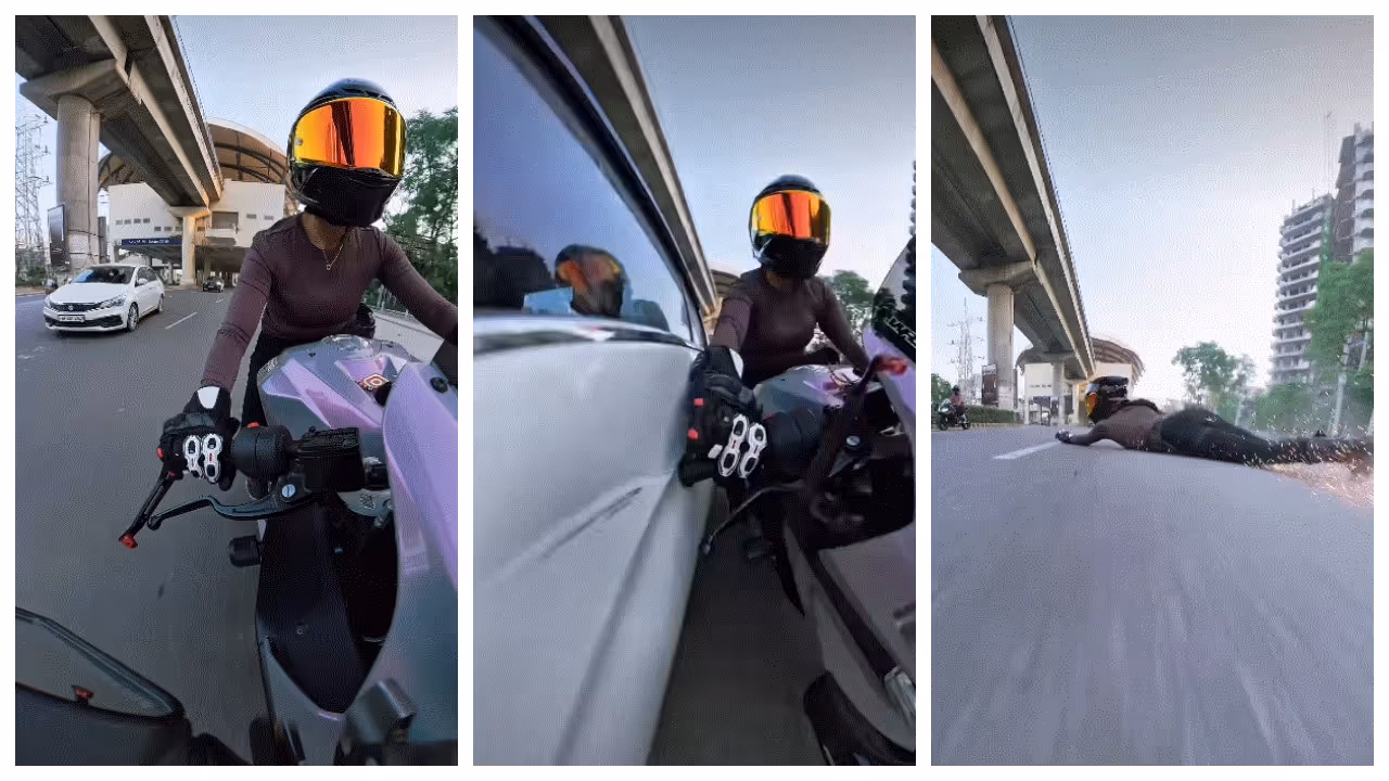 Car chases down and rams into female biker Car chases down and rams into female biker