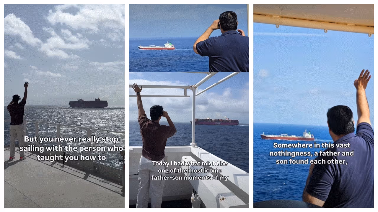 father and son sailors meet middle of ocean father and son sailors meet middle of ocean