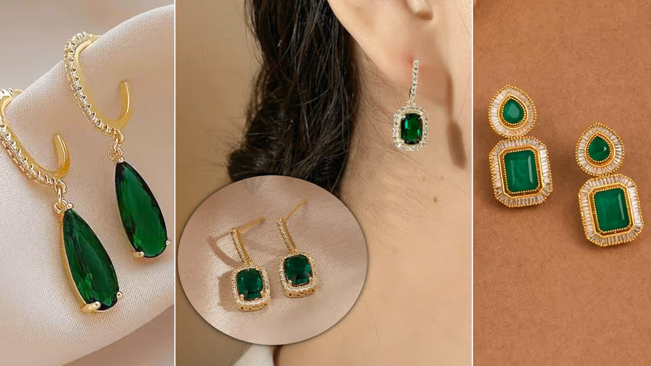 Golden Green Stone earrings Designs under 200 Rs