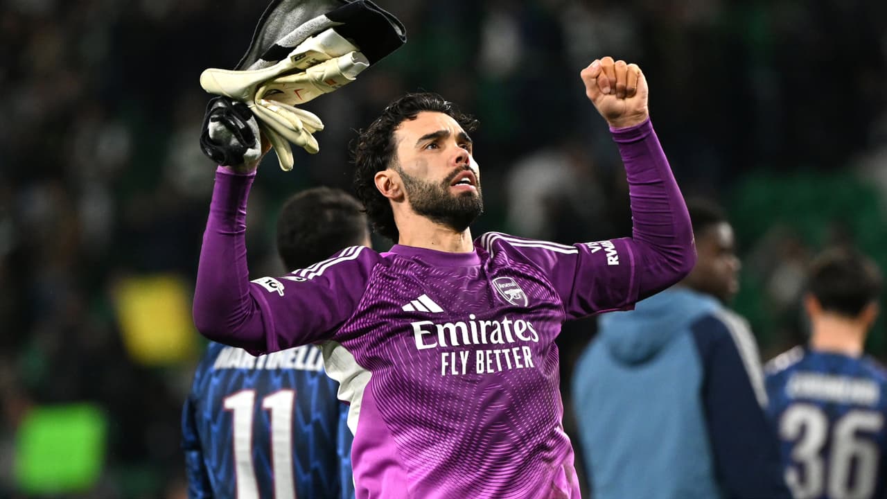 Arsenal goalkeeper David Raya celebrates following victory in the UEFA Champions League quarter final, first leg match against Sporting Arsenal goalkeeper David Raya celebrates following victory in the UEFA Champions League quarter final, first leg match against Sporting