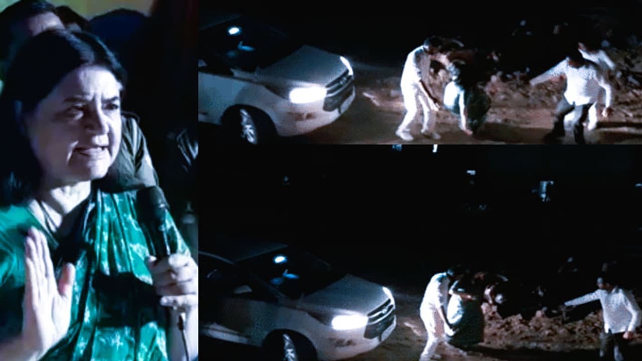 Maneka Gandhi slipped and fell in the mud Maneka Gandhi slipped and fell in the mud