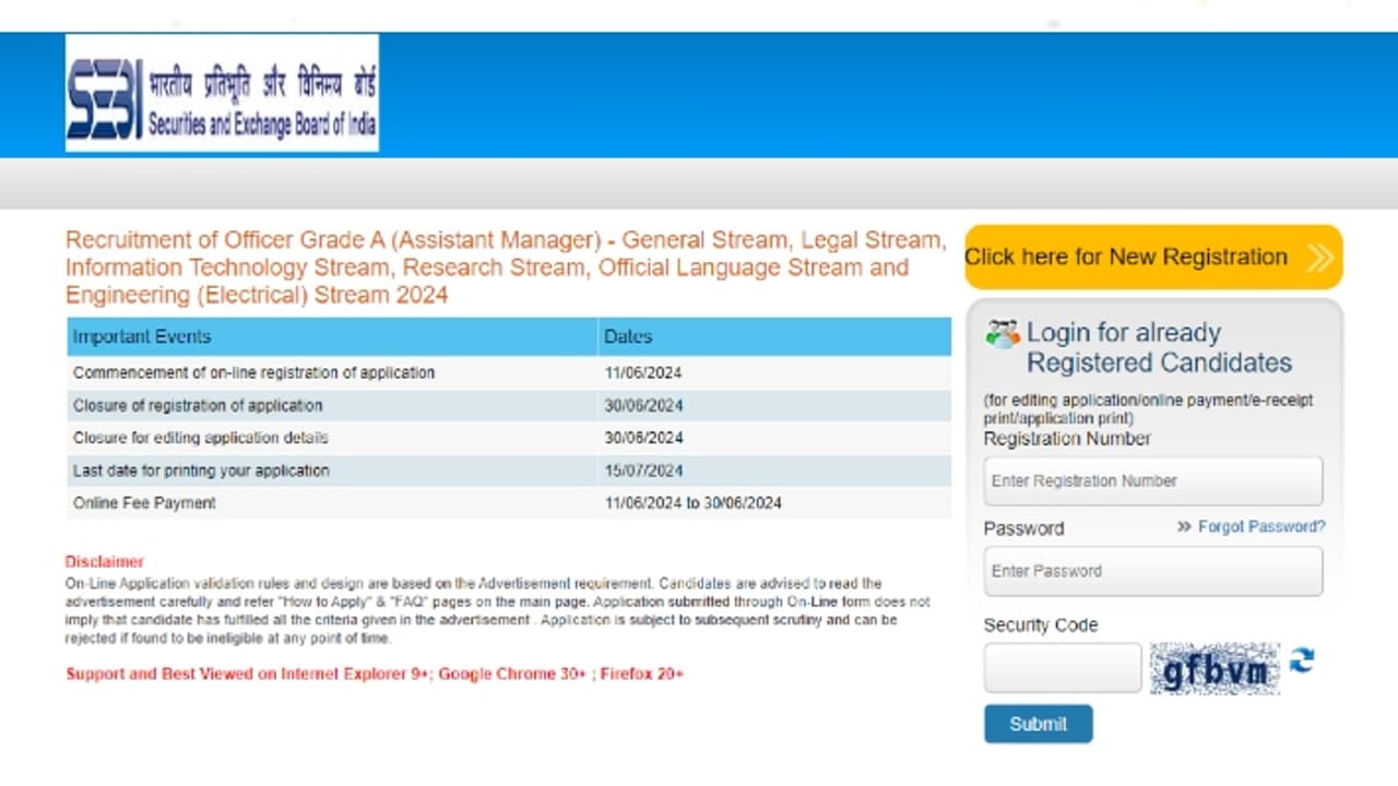 SEBI Assistant Manager Recruitment 2024 Direct link